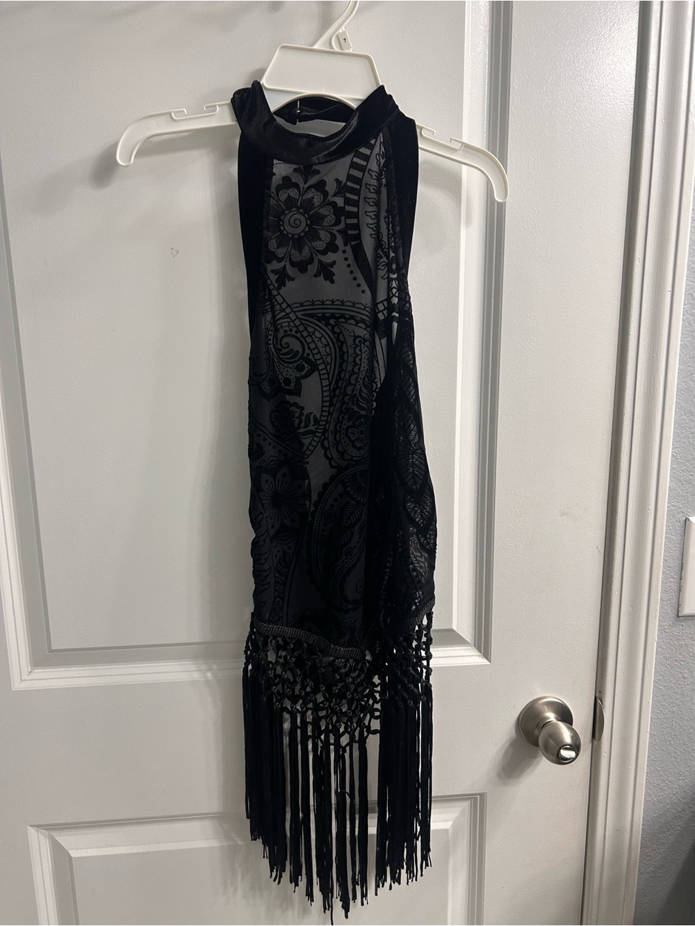 ROMWE Black Paisley Burnout Halter top with Fringe